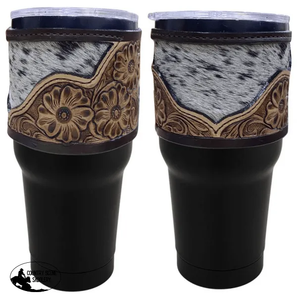 30 oz Insulated Black Tumbler with Argentina Cow Leather