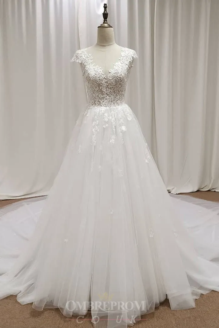 A-Line Deep V-neck Cap Sleeves Bridal Gown Lace Appliques Wedding Dress OW469