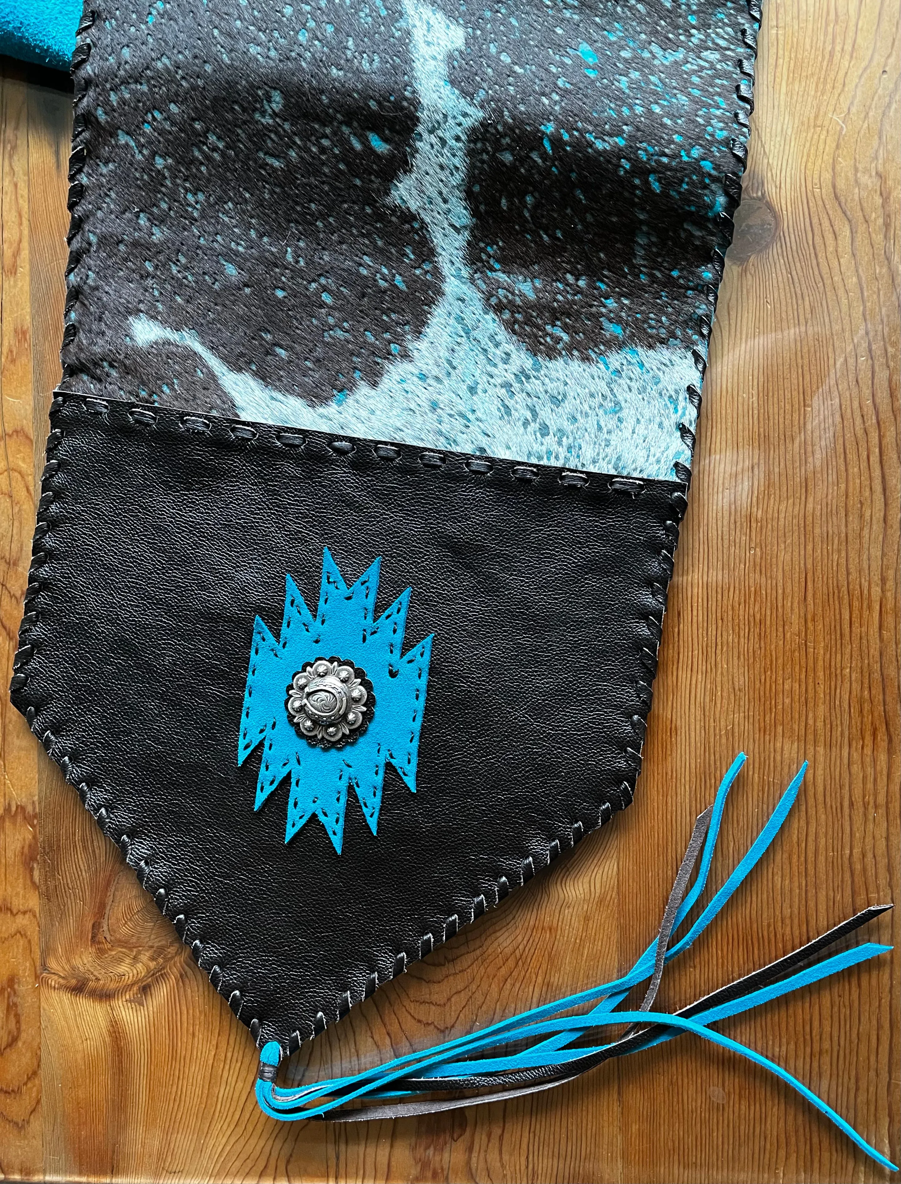 Acid Washed Turquoise Cowhide & Leather Table Runner