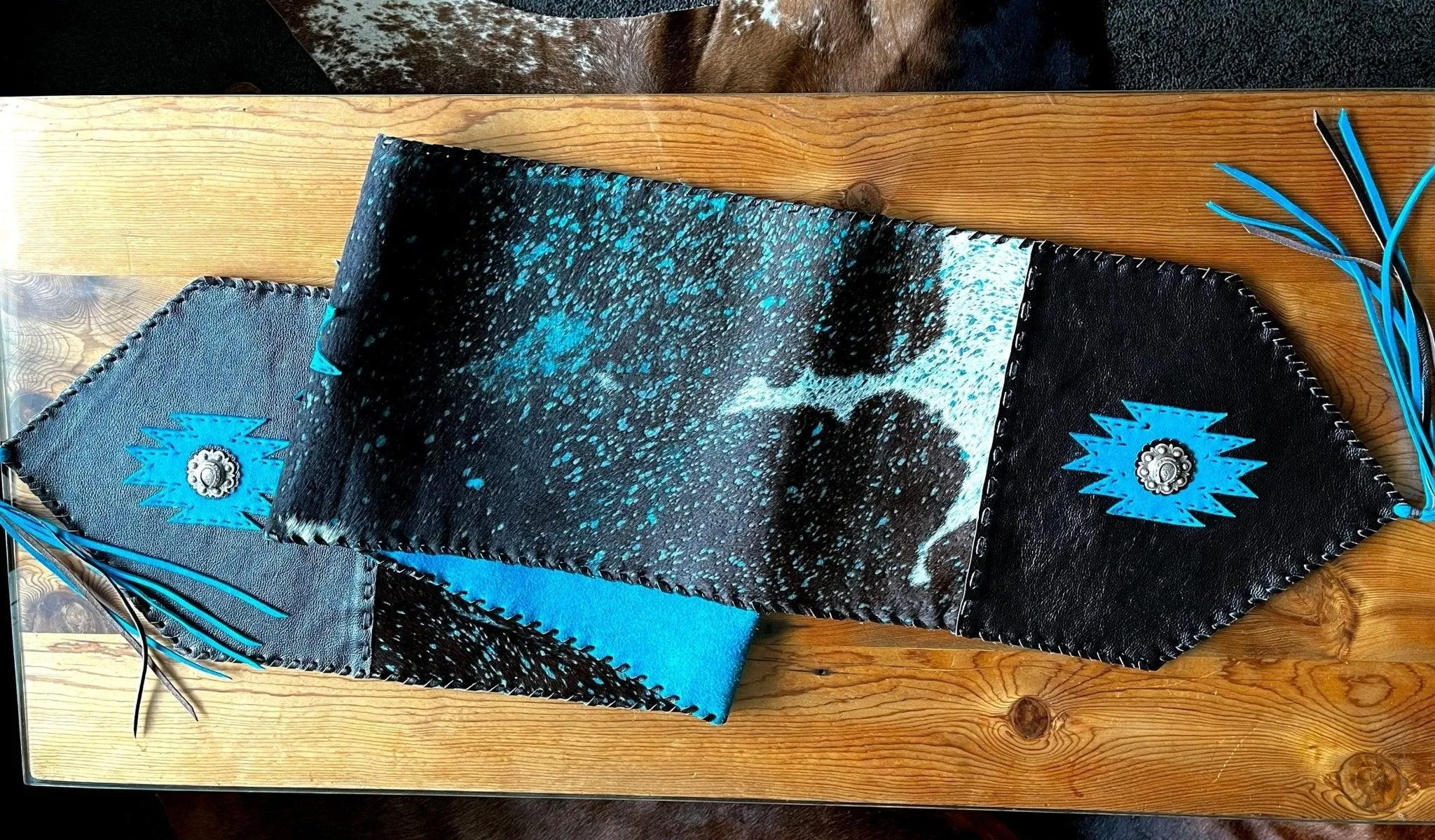 Acid Washed Turquoise Cowhide & Leather Table Runner