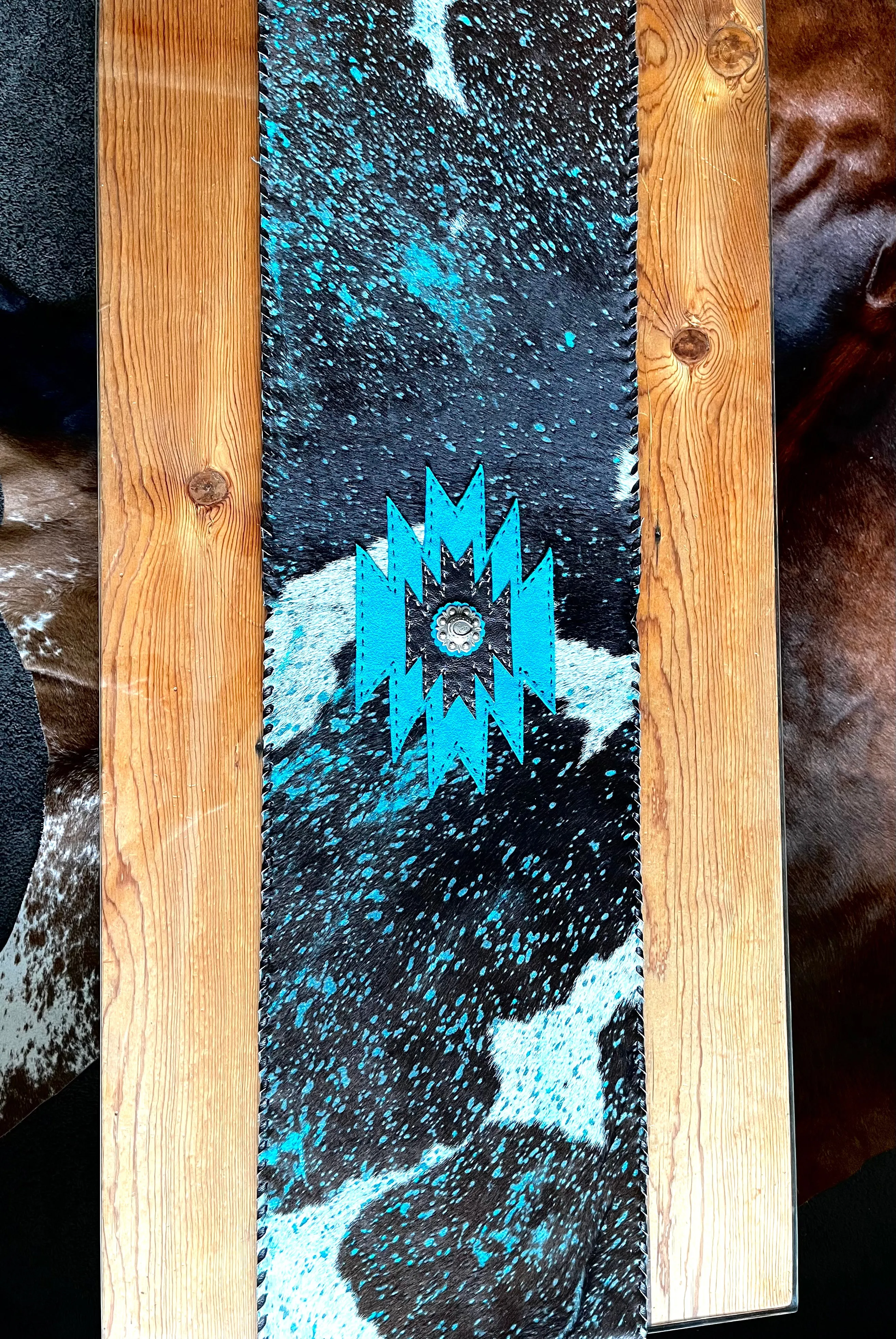 Acid Washed Turquoise Cowhide & Leather Table Runner