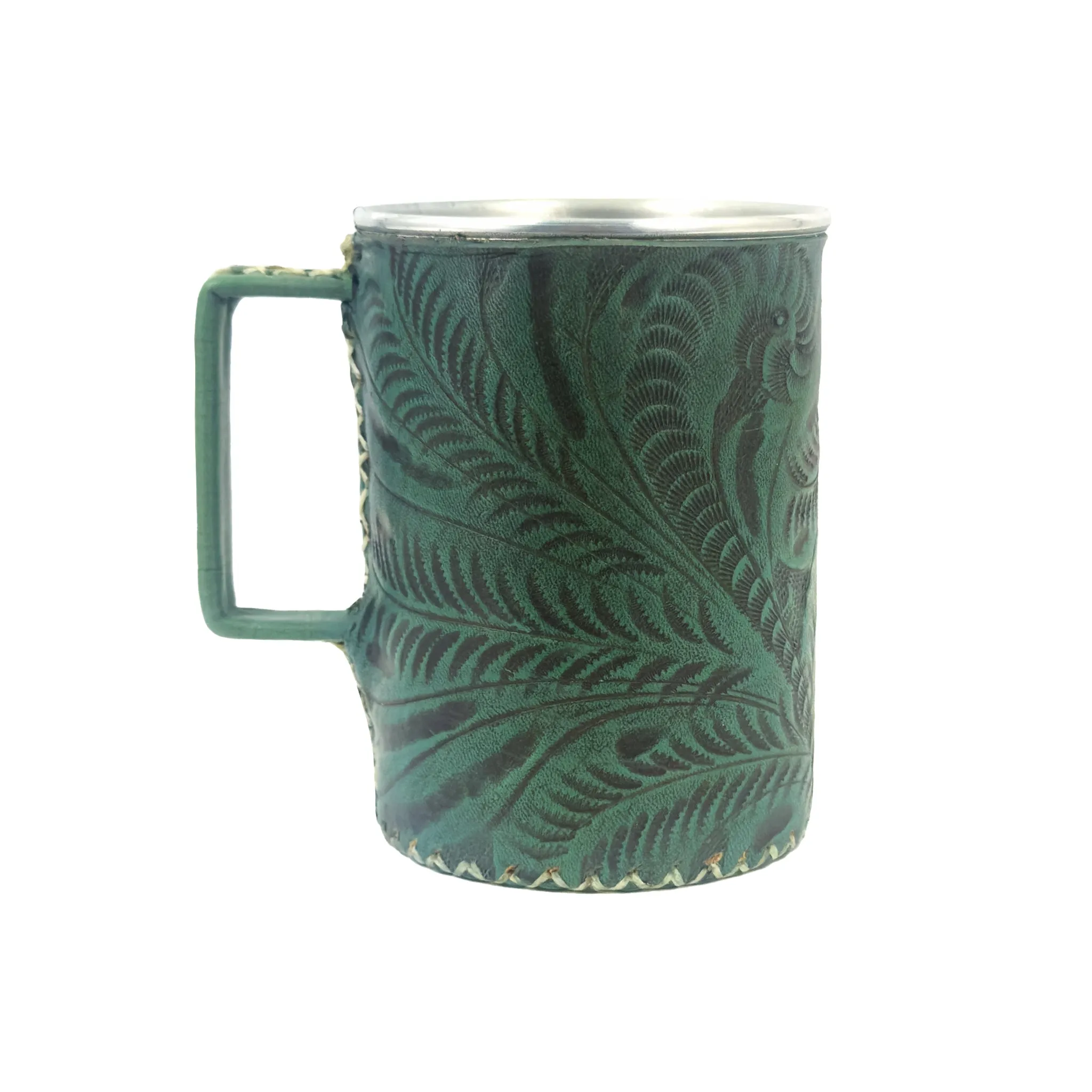 American West at Home Stainless Steel Mug with Handle and Tooled Leather