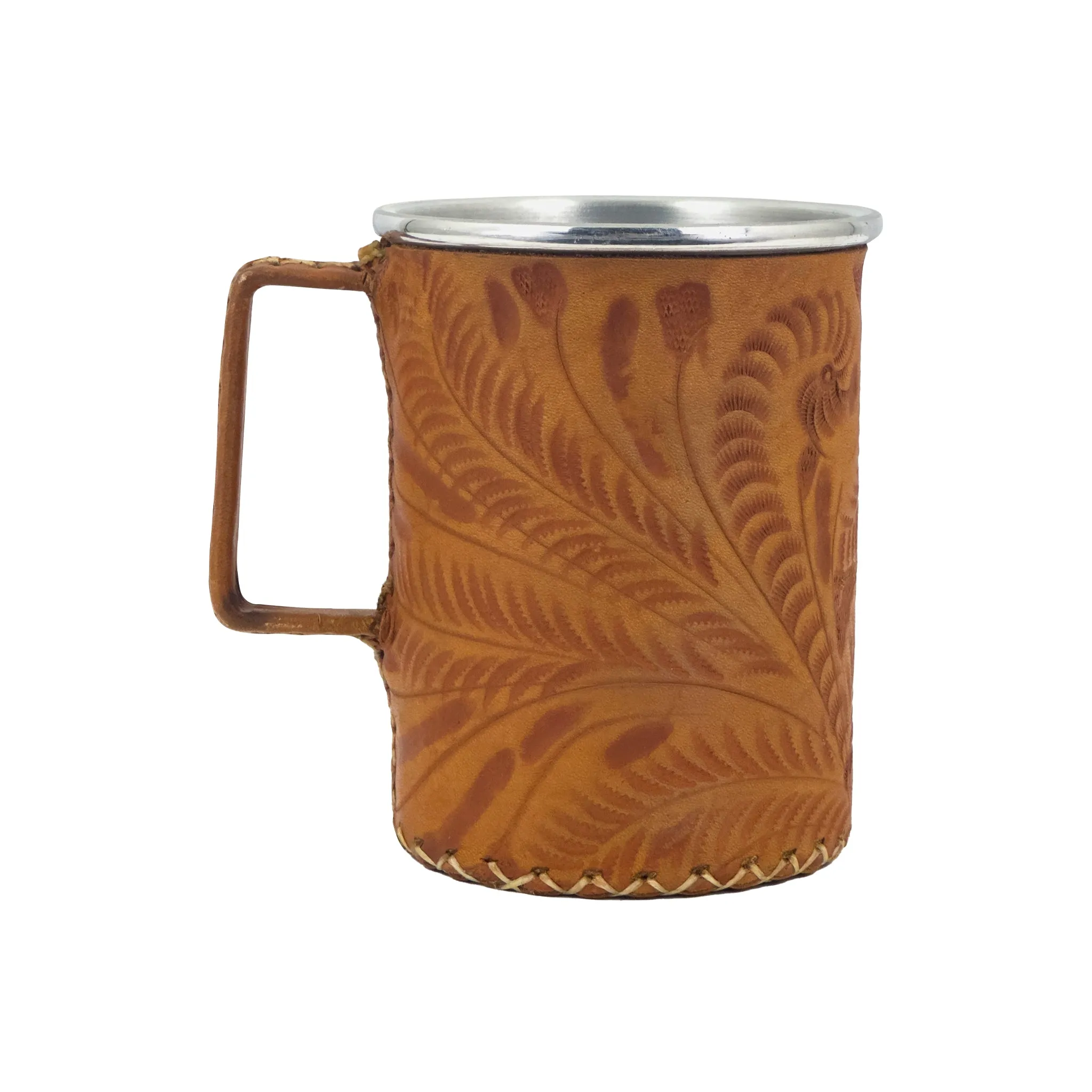 American West at Home Stainless Steel Mug with Handle and Tooled Leather