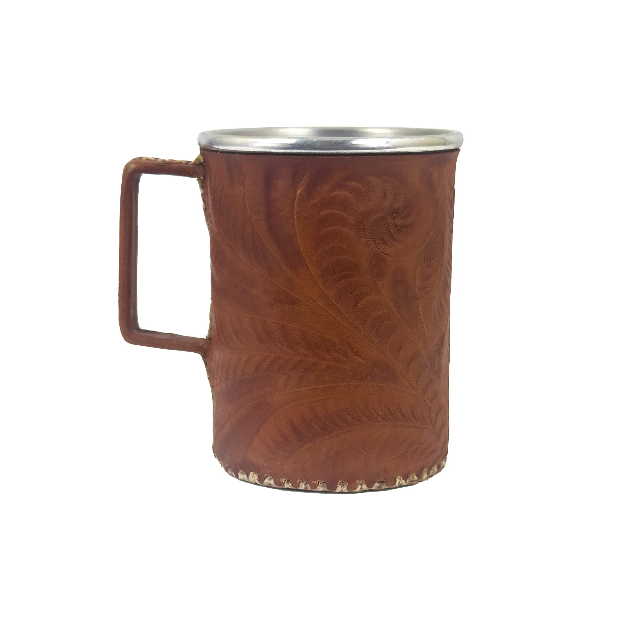 American West at Home Stainless Steel Mug with Handle and Tooled Leather