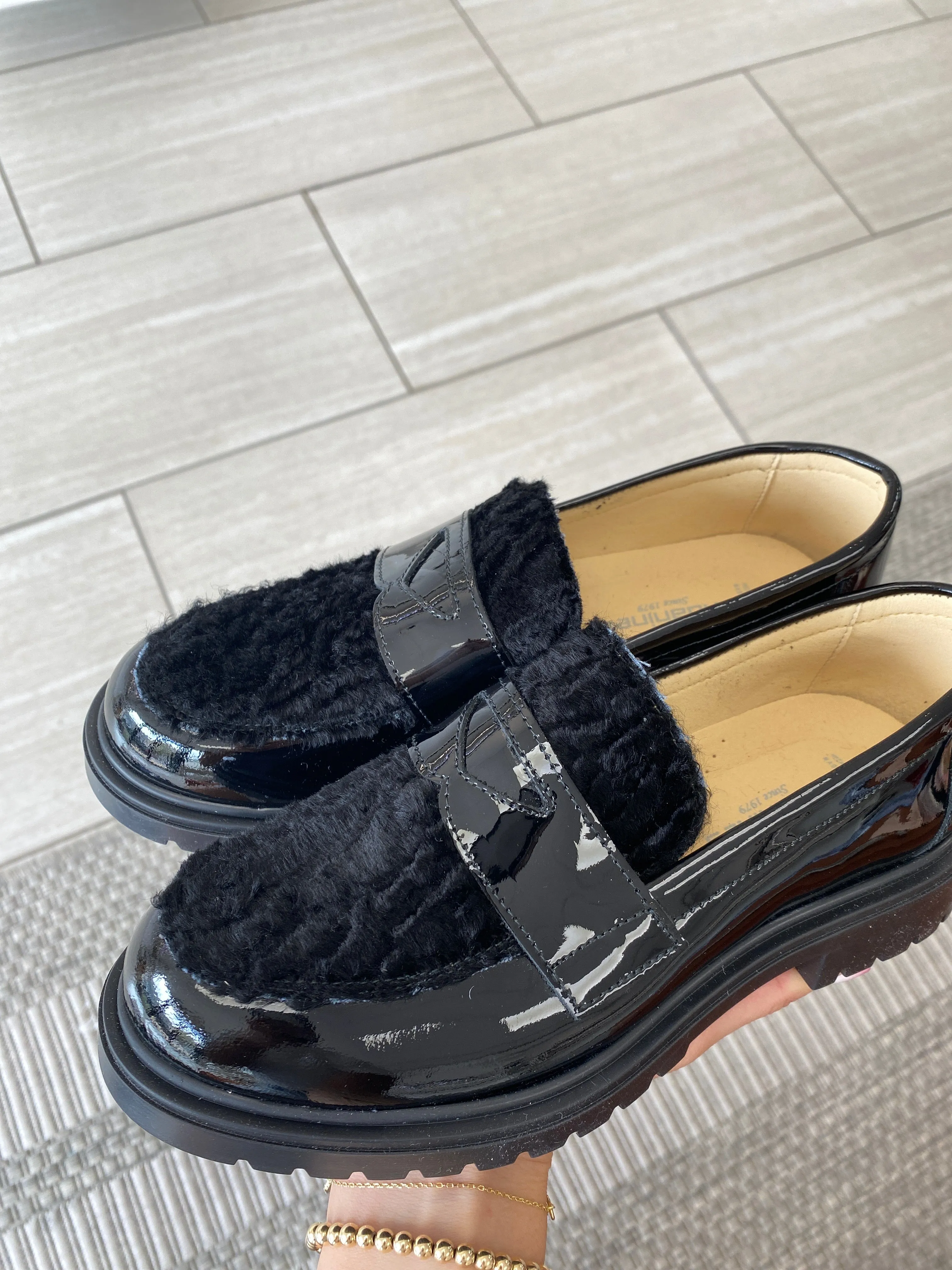 Andanines Black Patent Shearling Penny Loafer