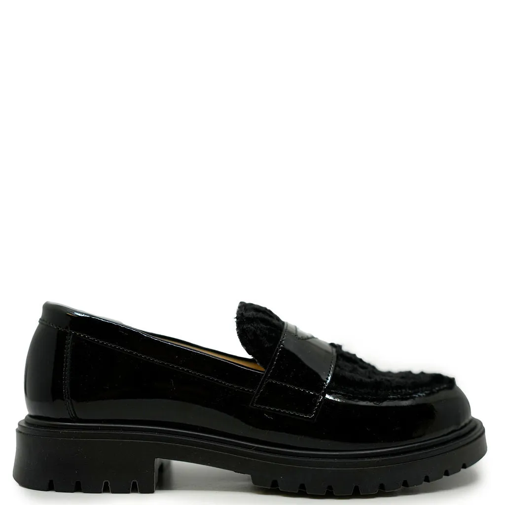 Andanines Black Patent Shearling Penny Loafer