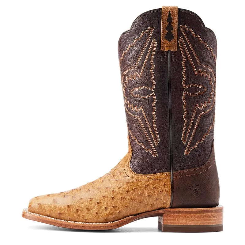 Ariat Men's Broncy Antique Saddle Full Quill Ostrich Square Toe Exotic Western Boots 10044419