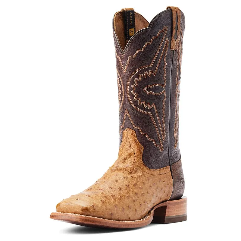 Ariat Men's Broncy Antique Saddle Full Quill Ostrich Square Toe Exotic Western Boots 10044419