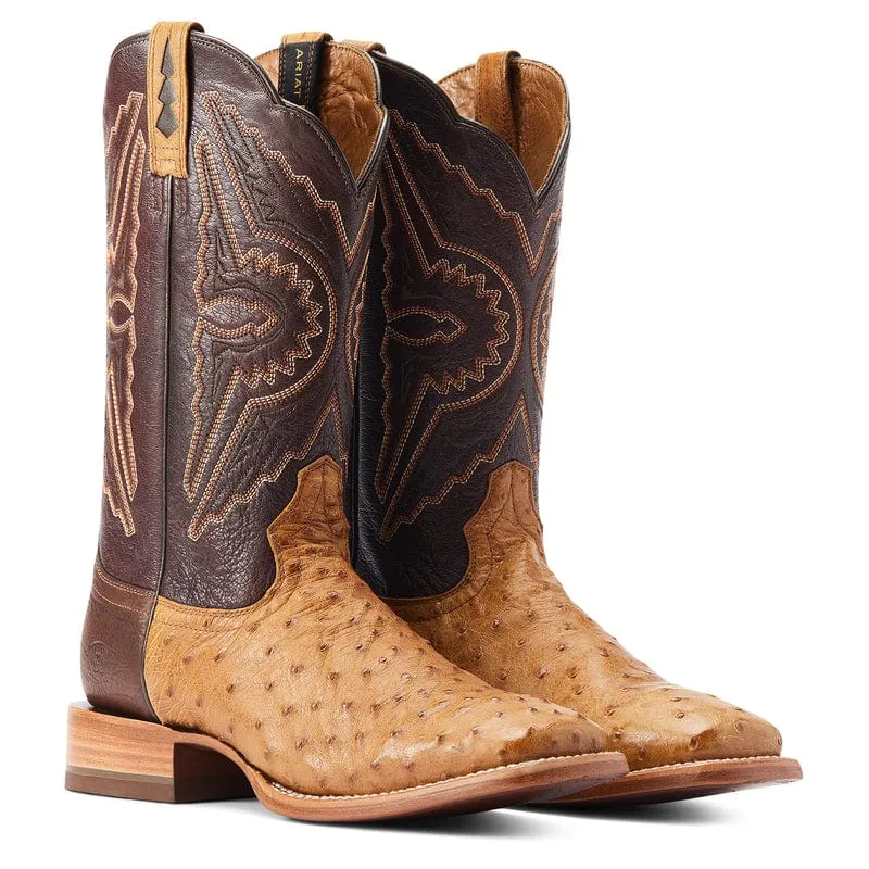 Ariat Men's Broncy Antique Saddle Full Quill Ostrich Square Toe Exotic Western Boots 10044419