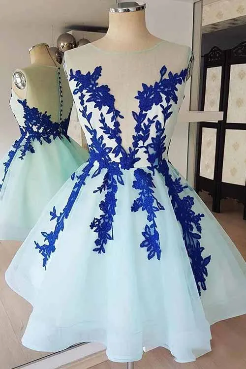 Baby Blue Tulle Short Prom Dress, Homecoming Dress With Blue Appliques OM402