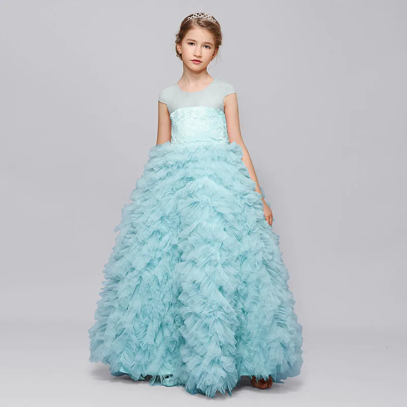 Beauty Princess Lace Cap Sleeves Tulle Flower Girl Gown