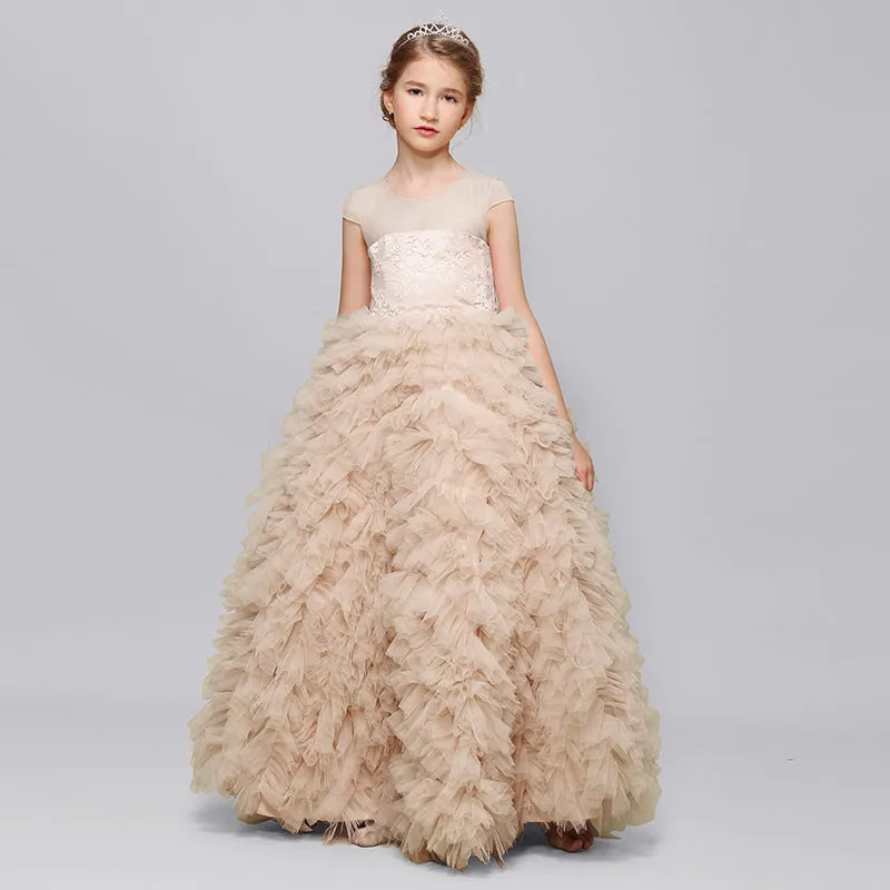 Beauty Princess Lace Cap Sleeves Tulle Flower Girl Gown