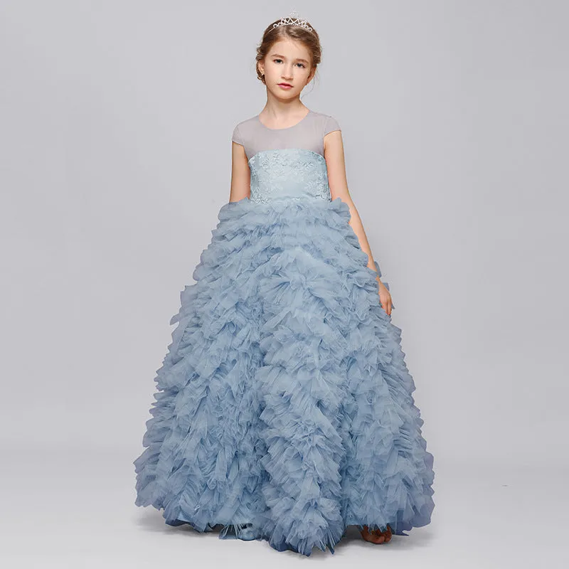 Beauty Princess Lace Cap Sleeves Tulle Flower Girl Gown