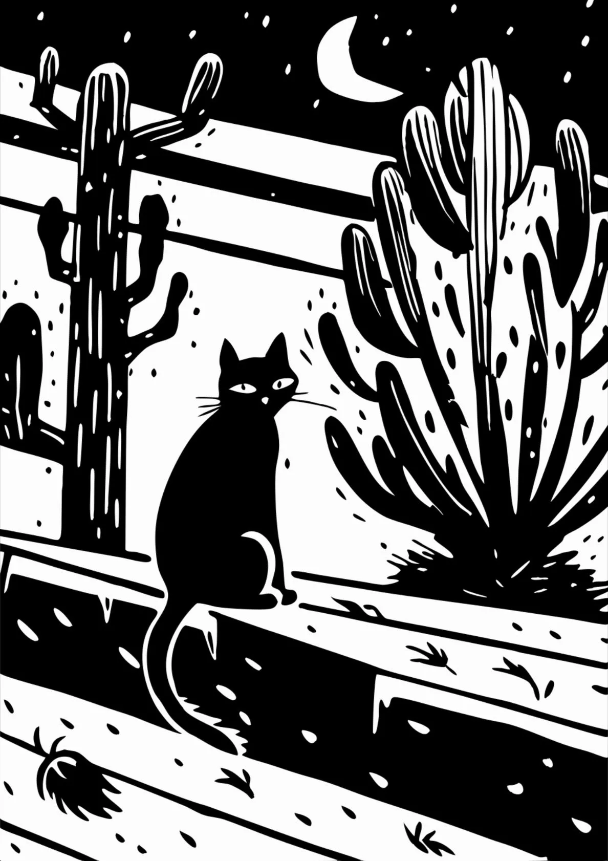 Black Cat Linocut Engraving Style