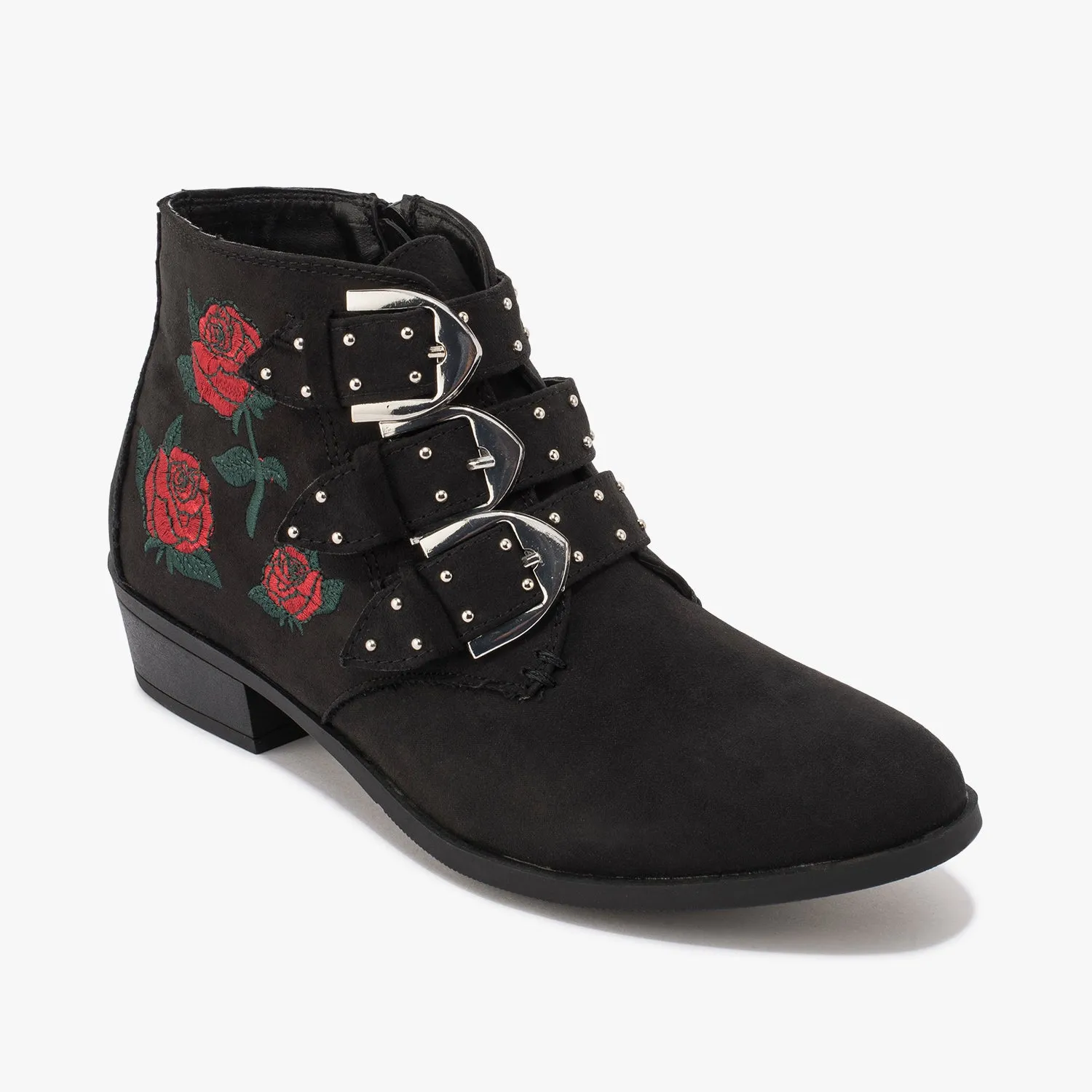 Black Faux Suede Embroidery Buckle Ankle Boot