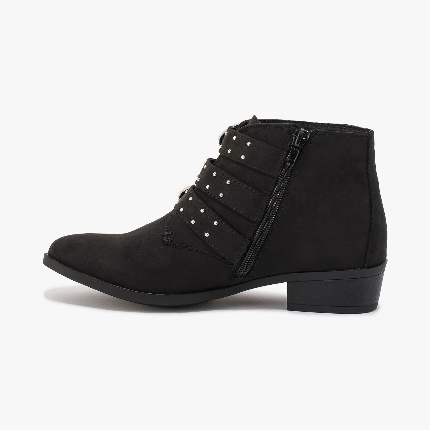 Black Faux Suede Embroidery Buckle Ankle Boot