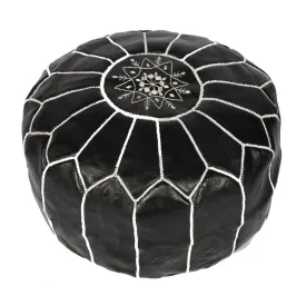 Black with White Moroccan Leather Pouffe Pouf