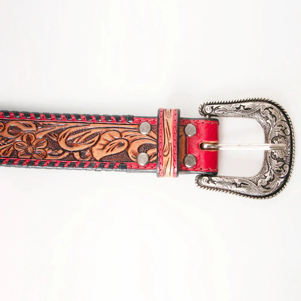 Brown, Red & Black Tooled Leather Belt- Western Belts for Cowgirls