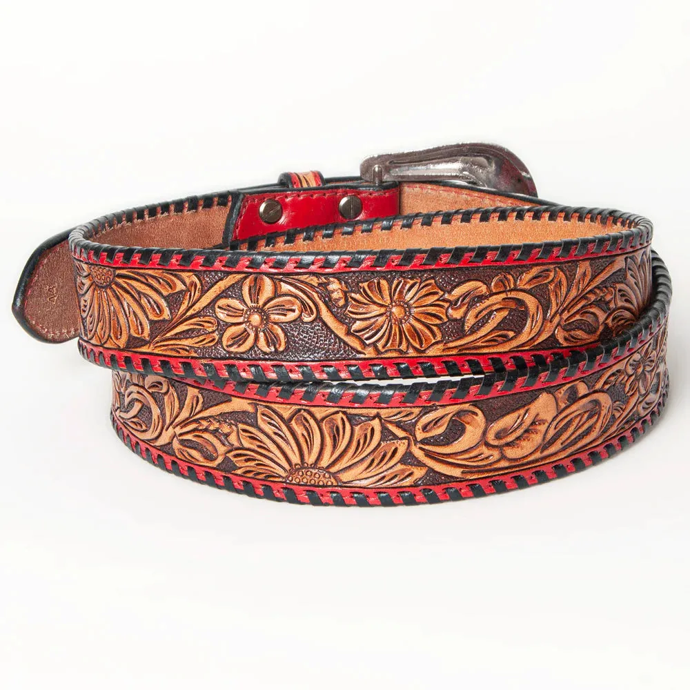 Brown, Red & Black Tooled Leather Belt- Western Belts for Cowgirls