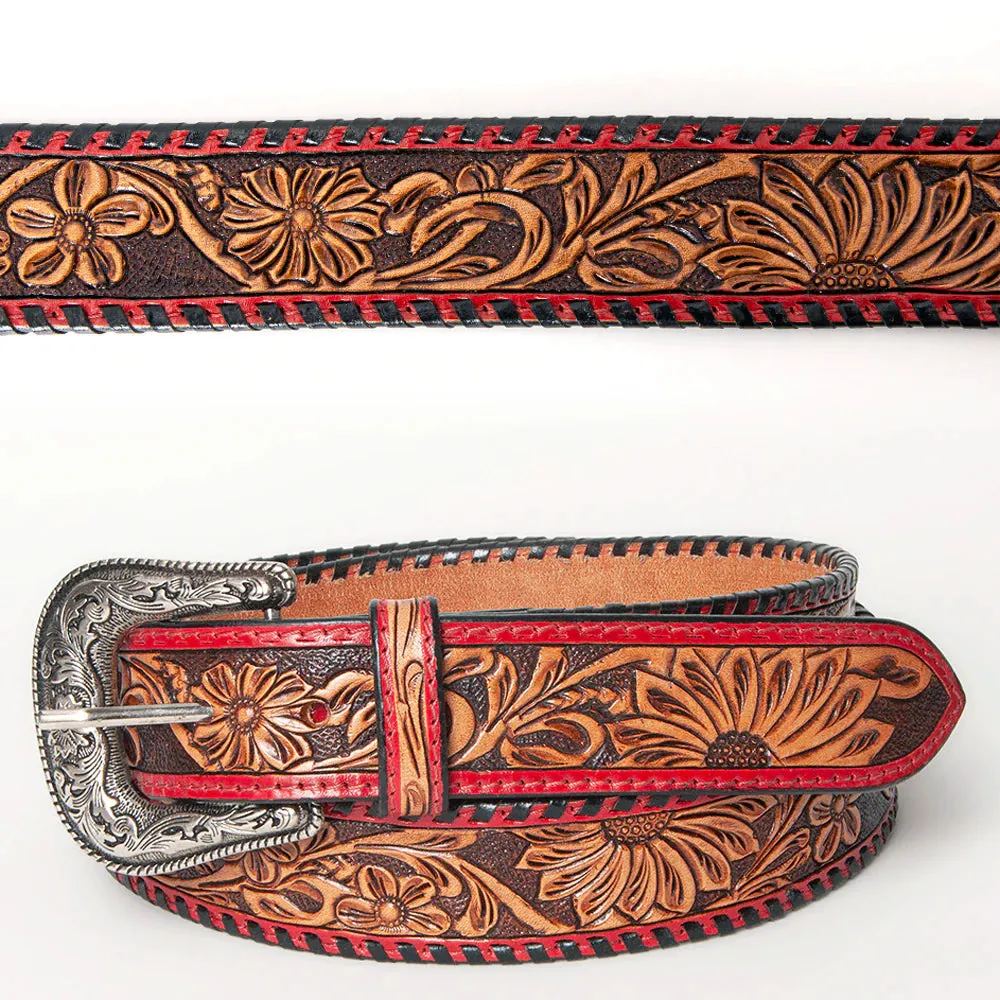 Brown, Red & Black Tooled Leather Belt- Western Belts for Cowgirls