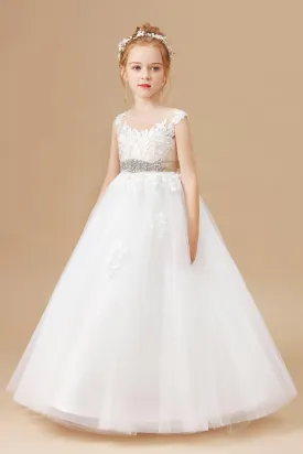 Champagne Bowknot Tulle Satin Ivory Sleeveless Flower Girl Dress