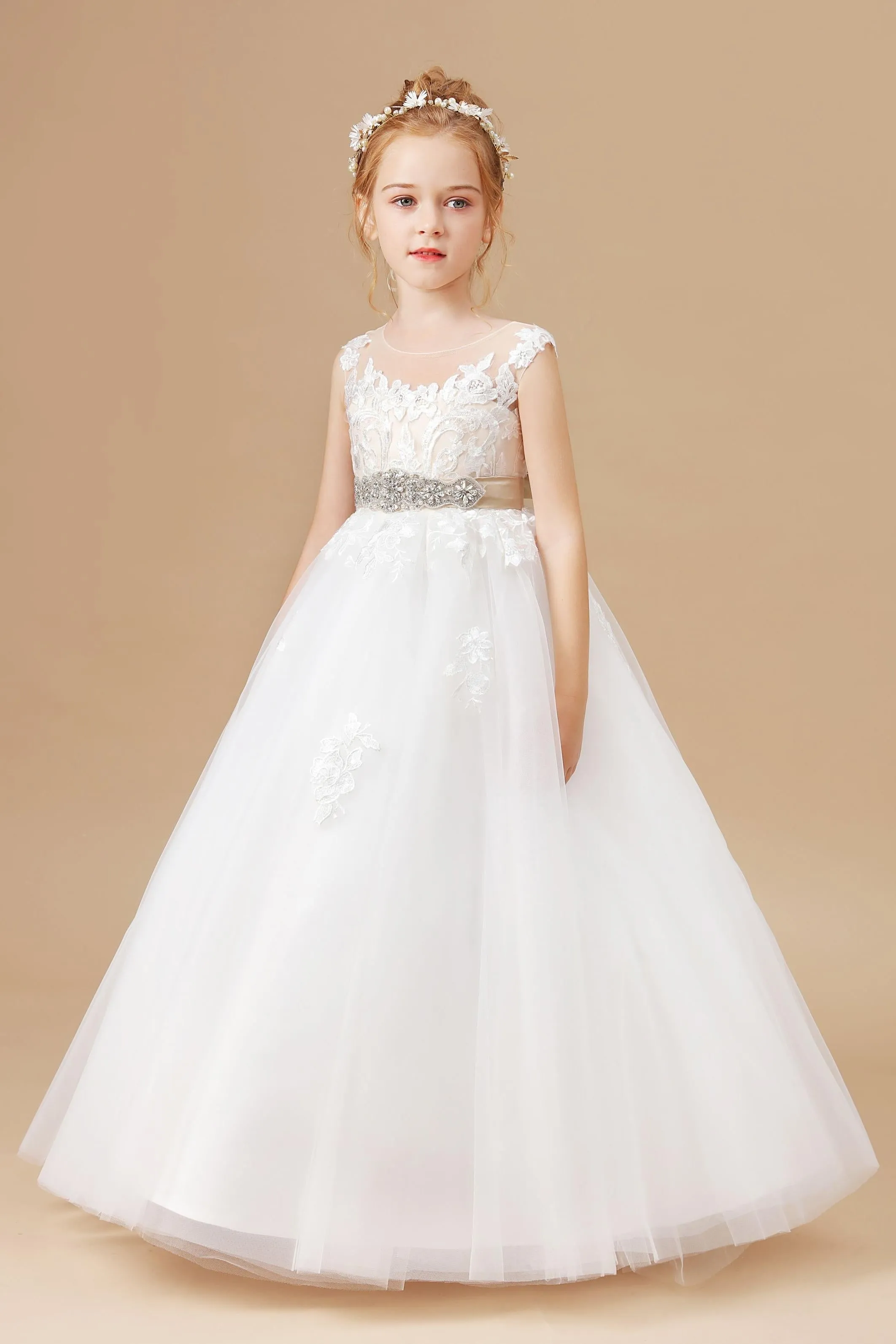 Champagne Bowknot Tulle Satin Ivory Sleeveless Flower Girl Dress