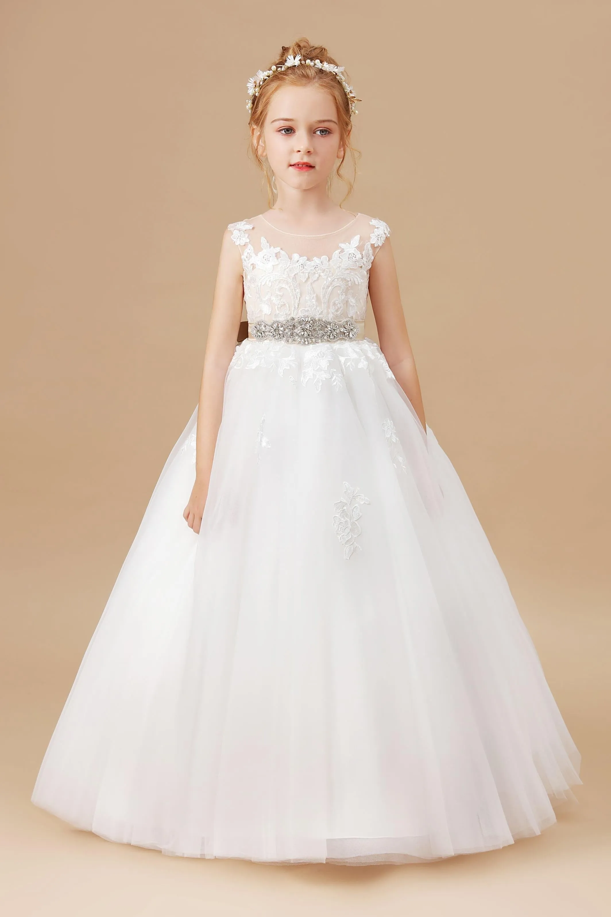 Champagne Bowknot Tulle Satin Ivory Sleeveless Flower Girl Dress