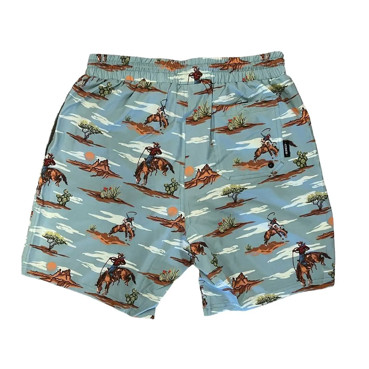 Cinch Men's 8" Inseam Desert Bucking Horse Print Swim Trunks - Light Blue