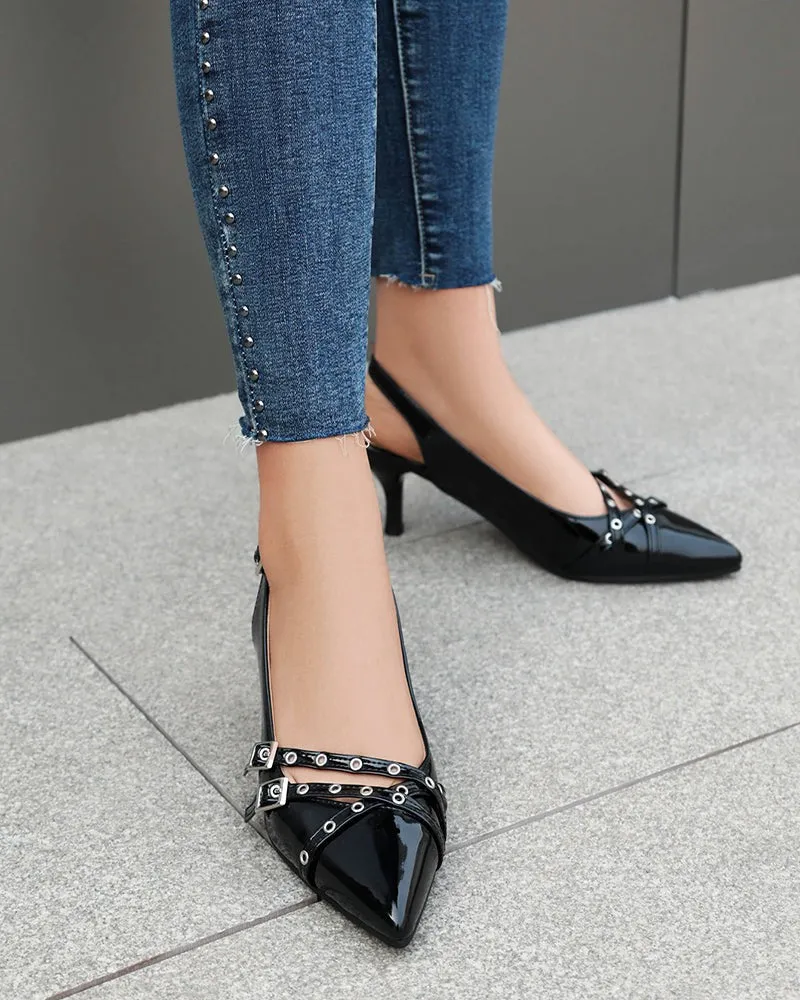 (Clean Up - US 7.5) Cross Belt Buckle Stiletto Slingback Kitten Heel Sandals