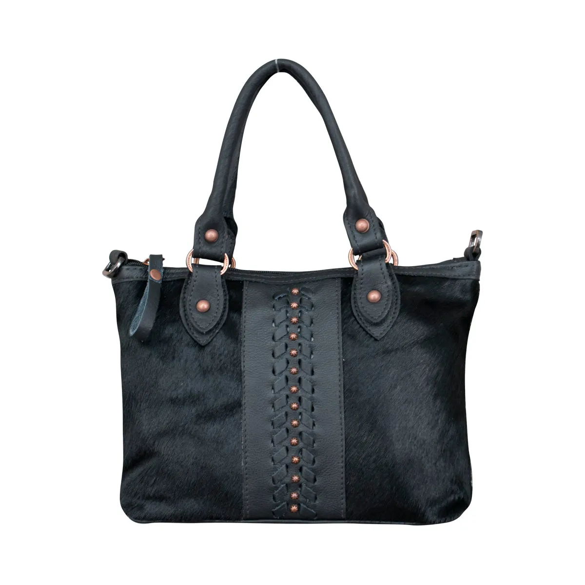 Cow Town Large Zip-Top Convertible Satchel with Secret Compartment - Black and Black Hair on Hide