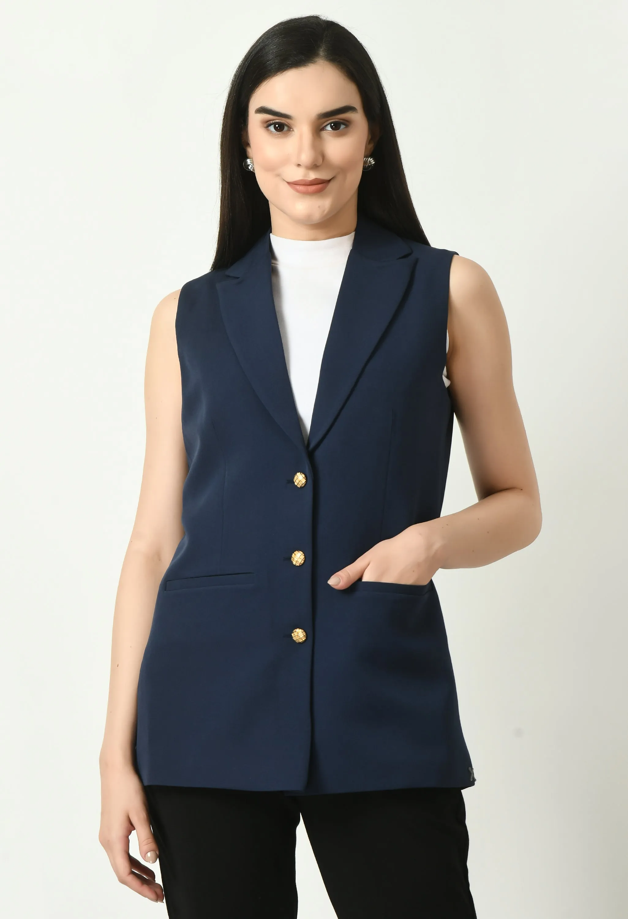 Exude Meridian Sleeveless Long Blazer (Navy)