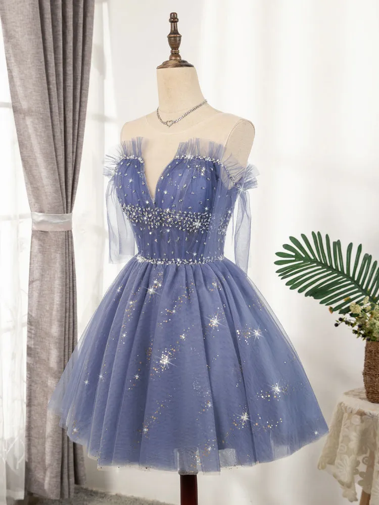 Flowy Cute A-line Blue Homecoming Dresses Short Beading Prom Dress OM918