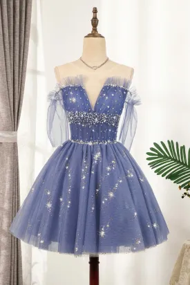 Flowy Cute A-line Blue Homecoming Dresses Short Beading Prom Dress OM918