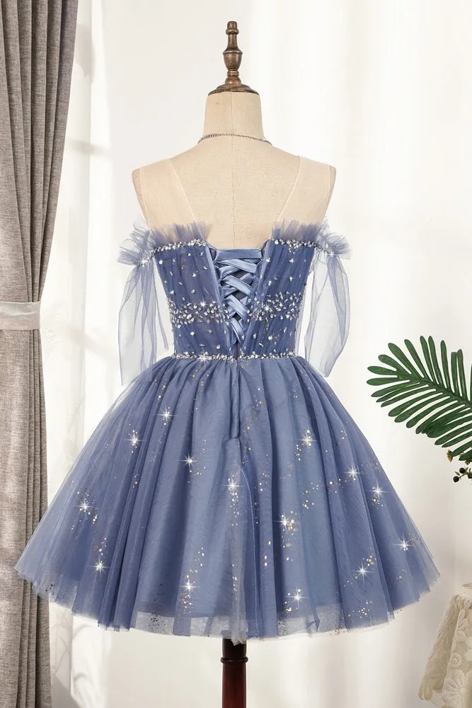 Flowy Cute A-line Blue Homecoming Dresses Short Beading Prom Dress OM918