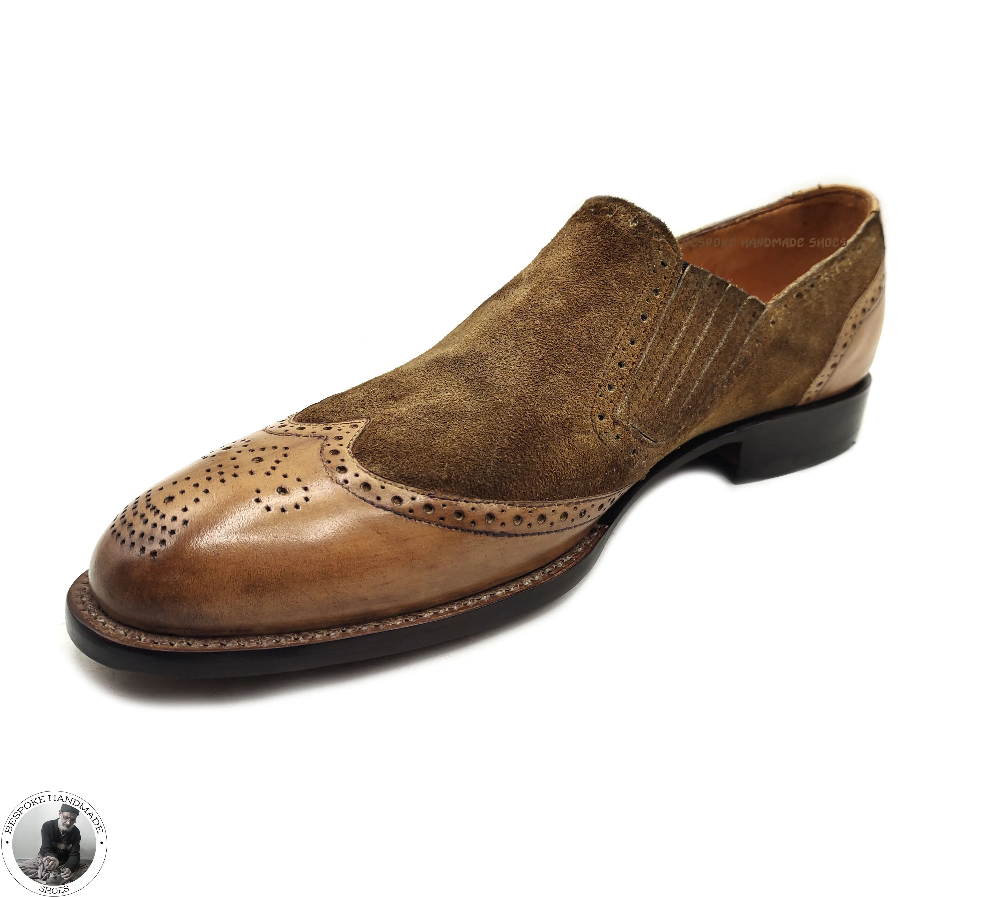 Handmade men Brown Leather and Suede moccasin Slip on Dress Wingtip Brogue Shoes