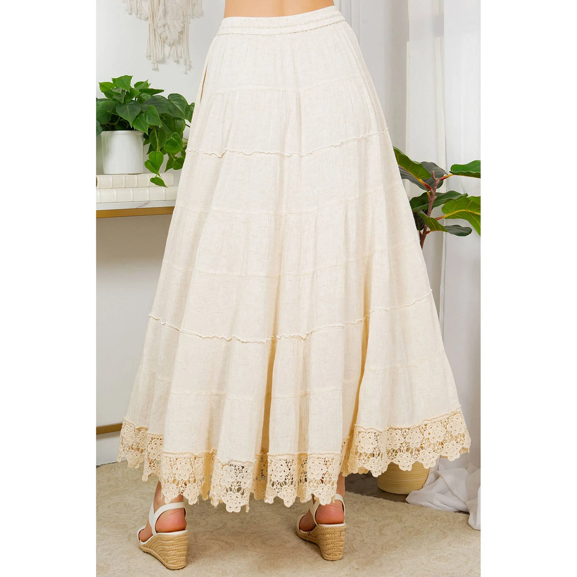 Ivory Hand-Aari & Lace Crinkled Rayon Flax Tiers Skirt