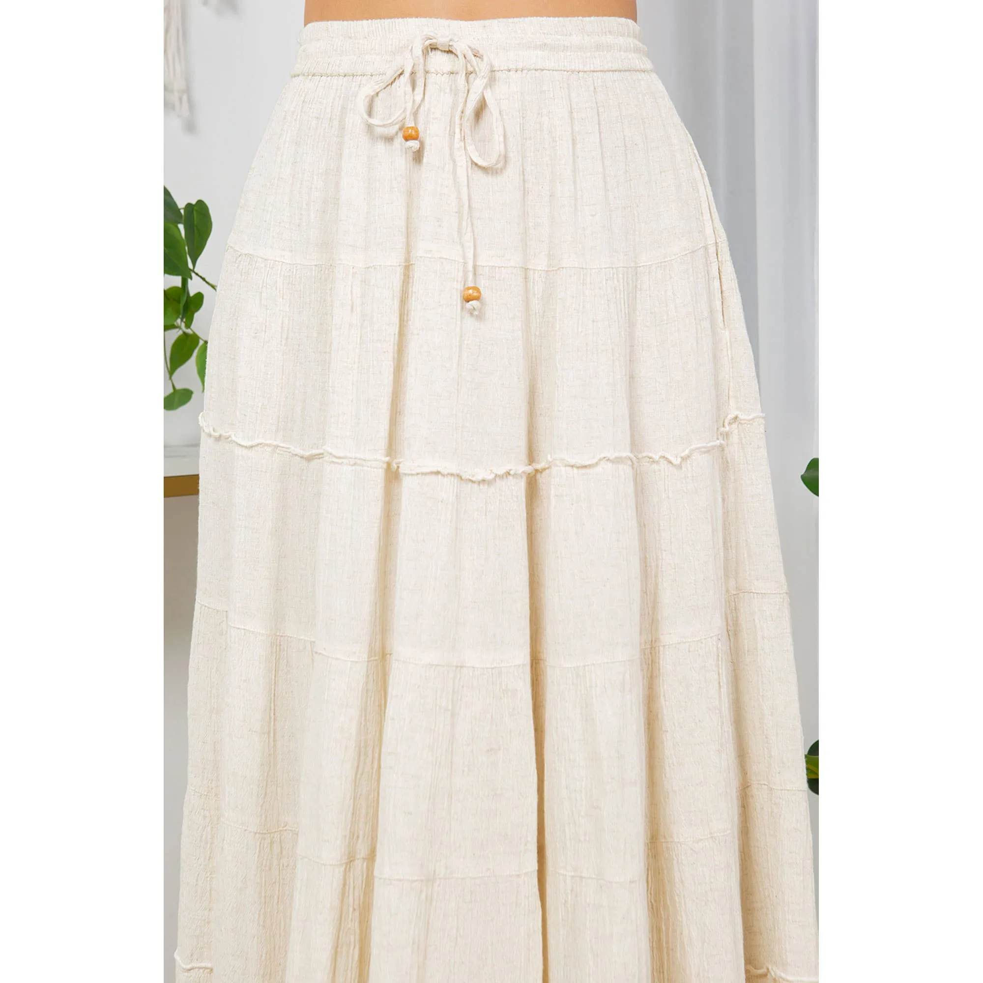 Ivory Hand-Aari & Lace Crinkled Rayon Flax Tiers Skirt