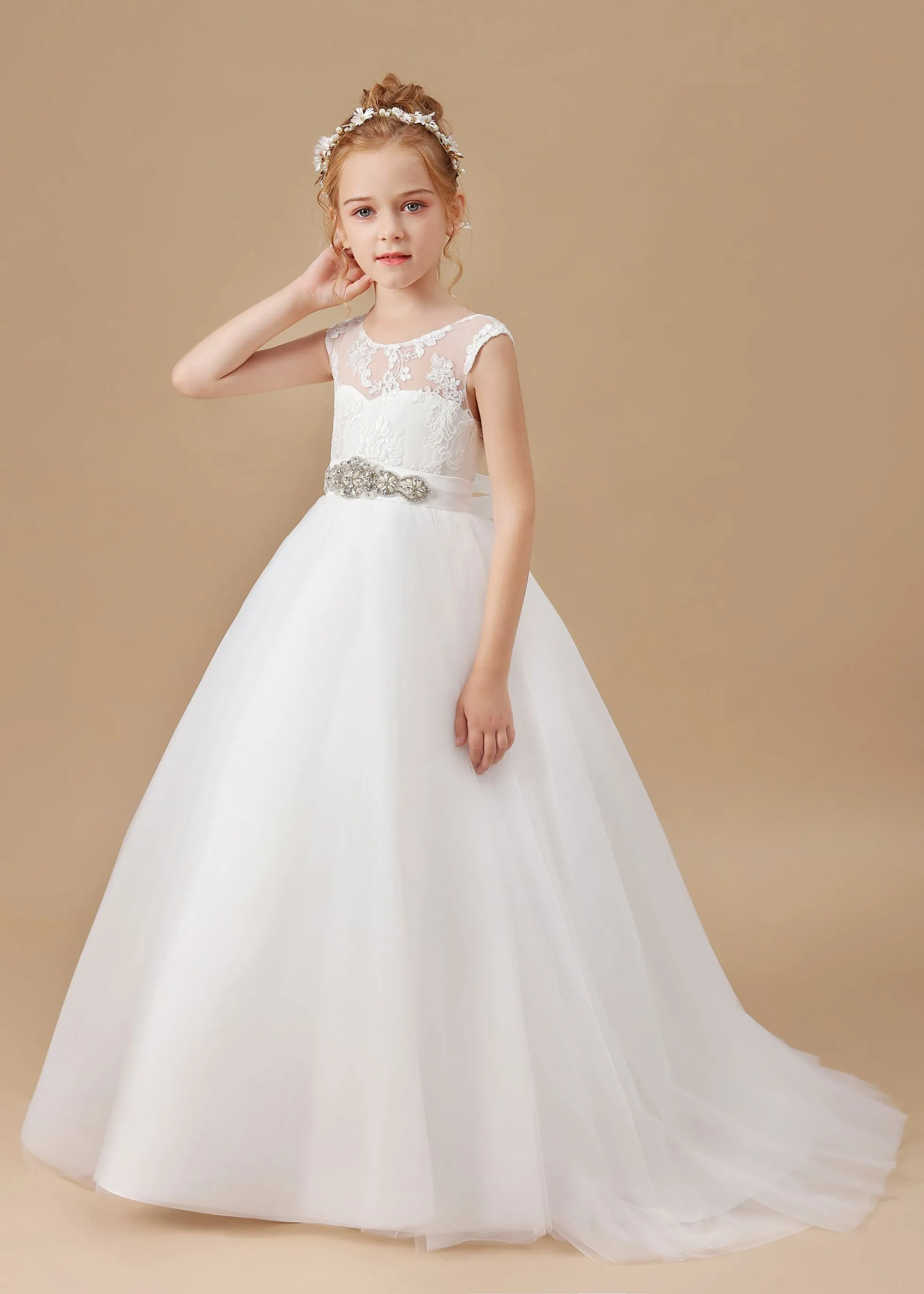 Ivory Rhinestones Sash Bowknot Tulle Flower Girl Dresses