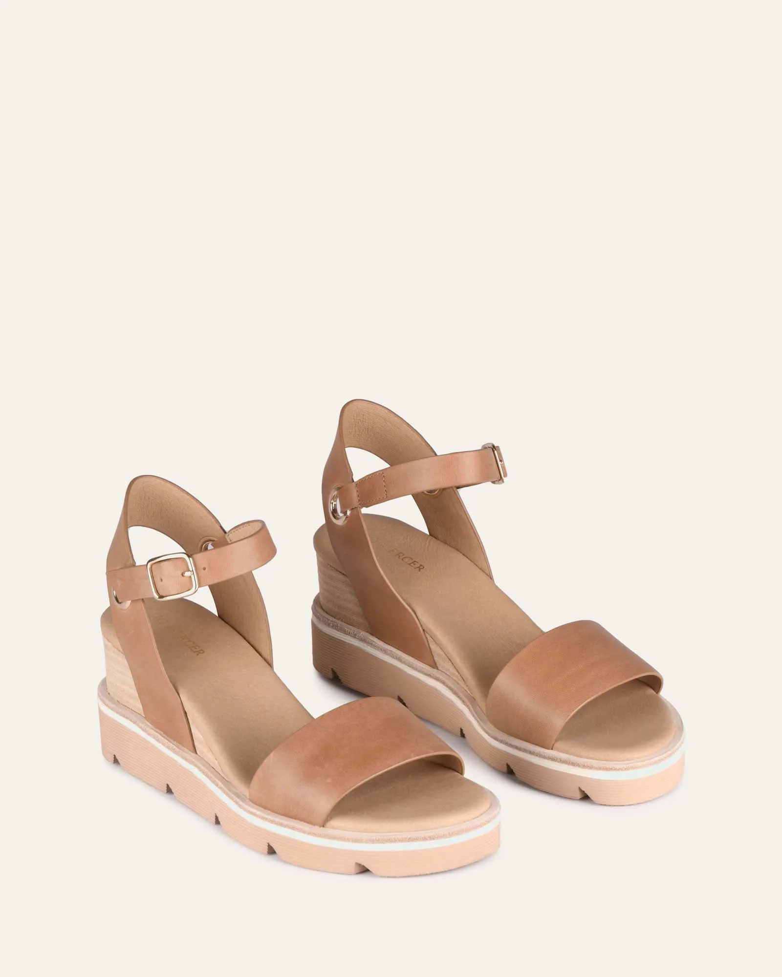 KATIE MID HEEL WEDGE SANDALS TAN LEATHER