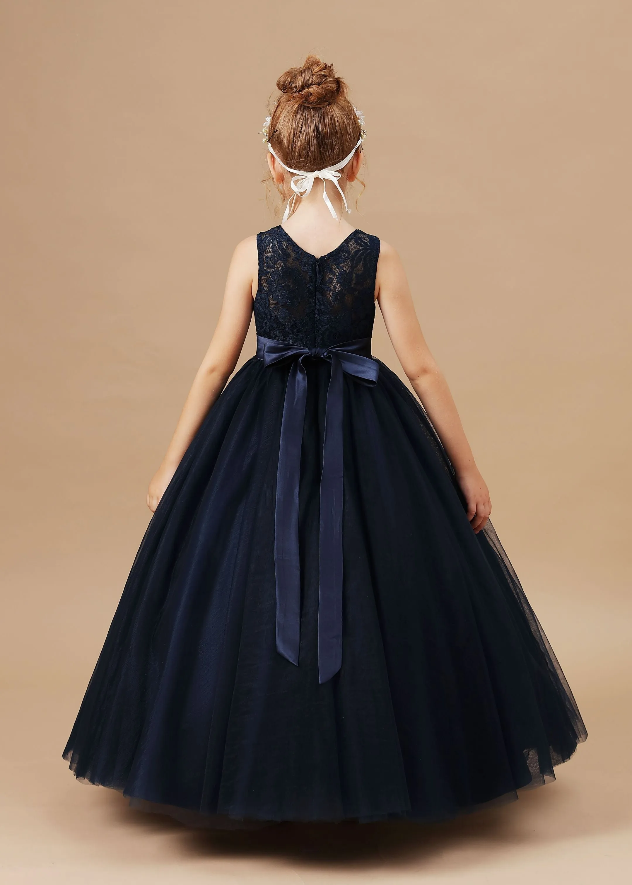 Lace Tulle Black Stain-Sash Pretty Flower Girl Dresses With Bownot