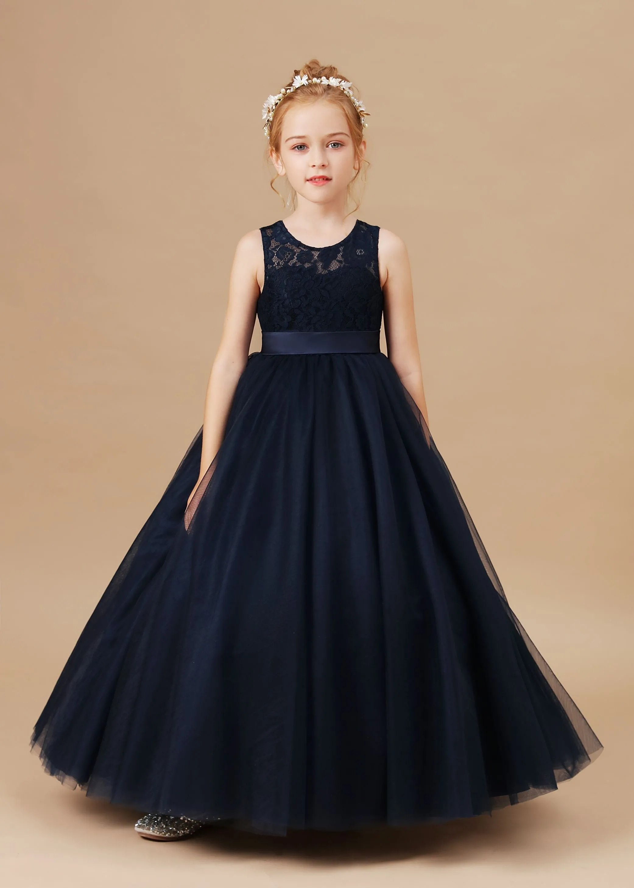 Lace Tulle Black Stain-Sash Pretty Flower Girl Dresses With Bownot