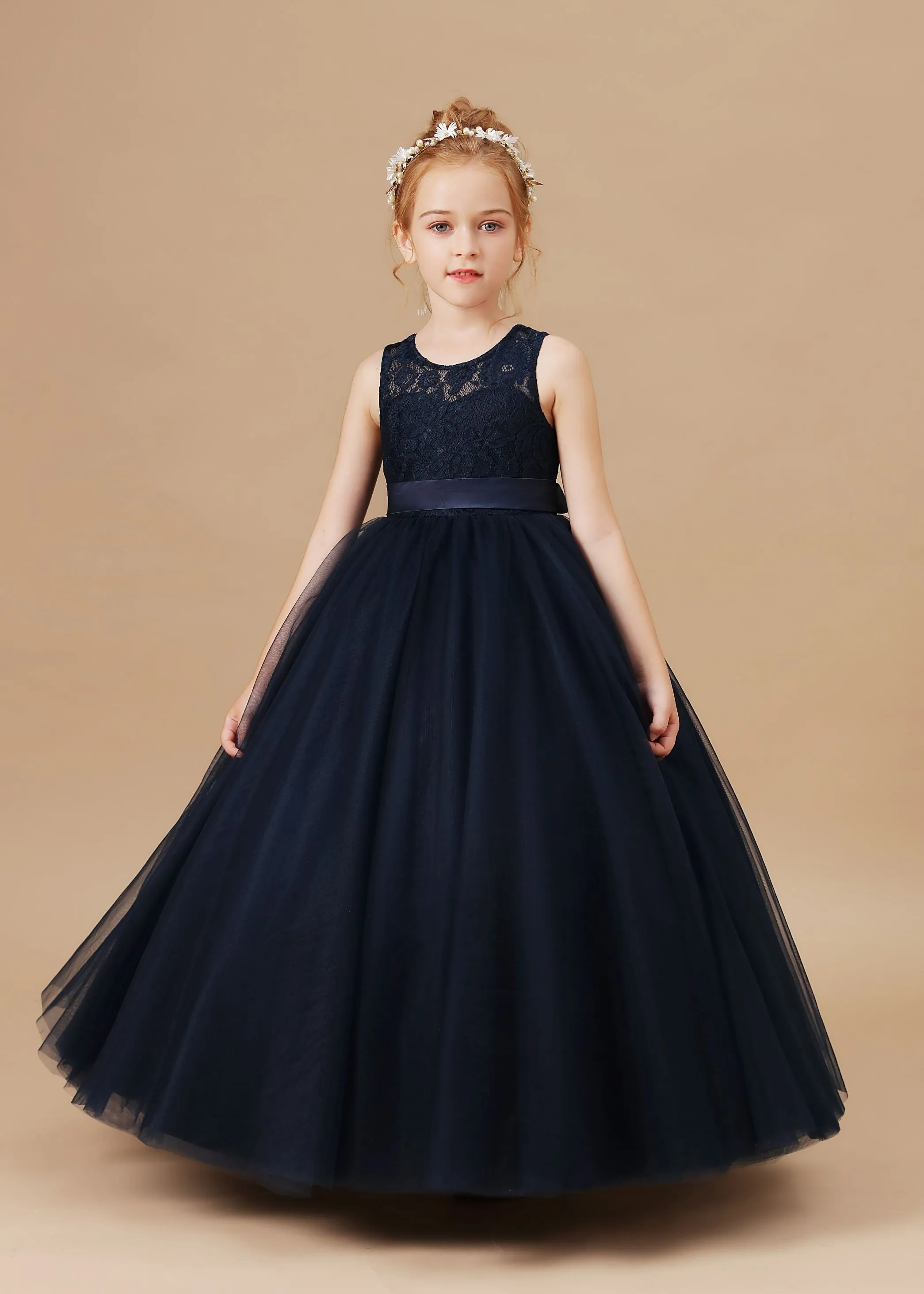 Lace Tulle Black Stain-Sash Pretty Flower Girl Dresses With Bownot