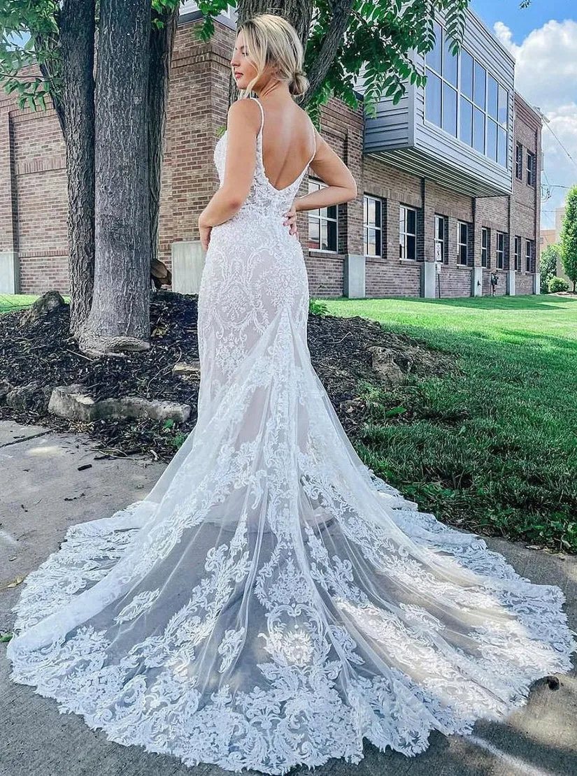 Mermaid Spaghetti Straps Long Lace Wedding Dress