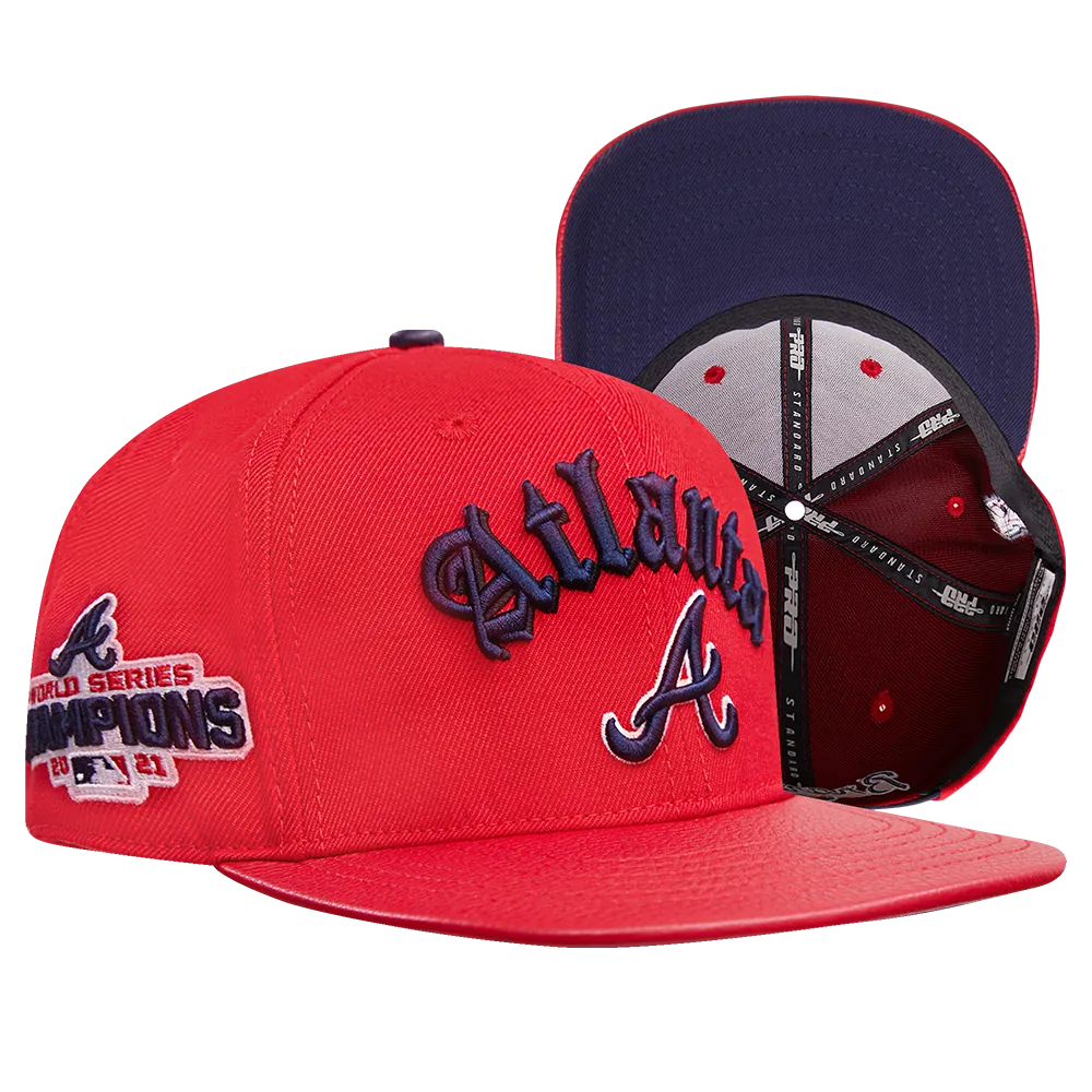 MLB ATLANTA BRAVES OLD ENGLISH UNISEX 6 PANEL LEATHER STRAPBACK (RED)