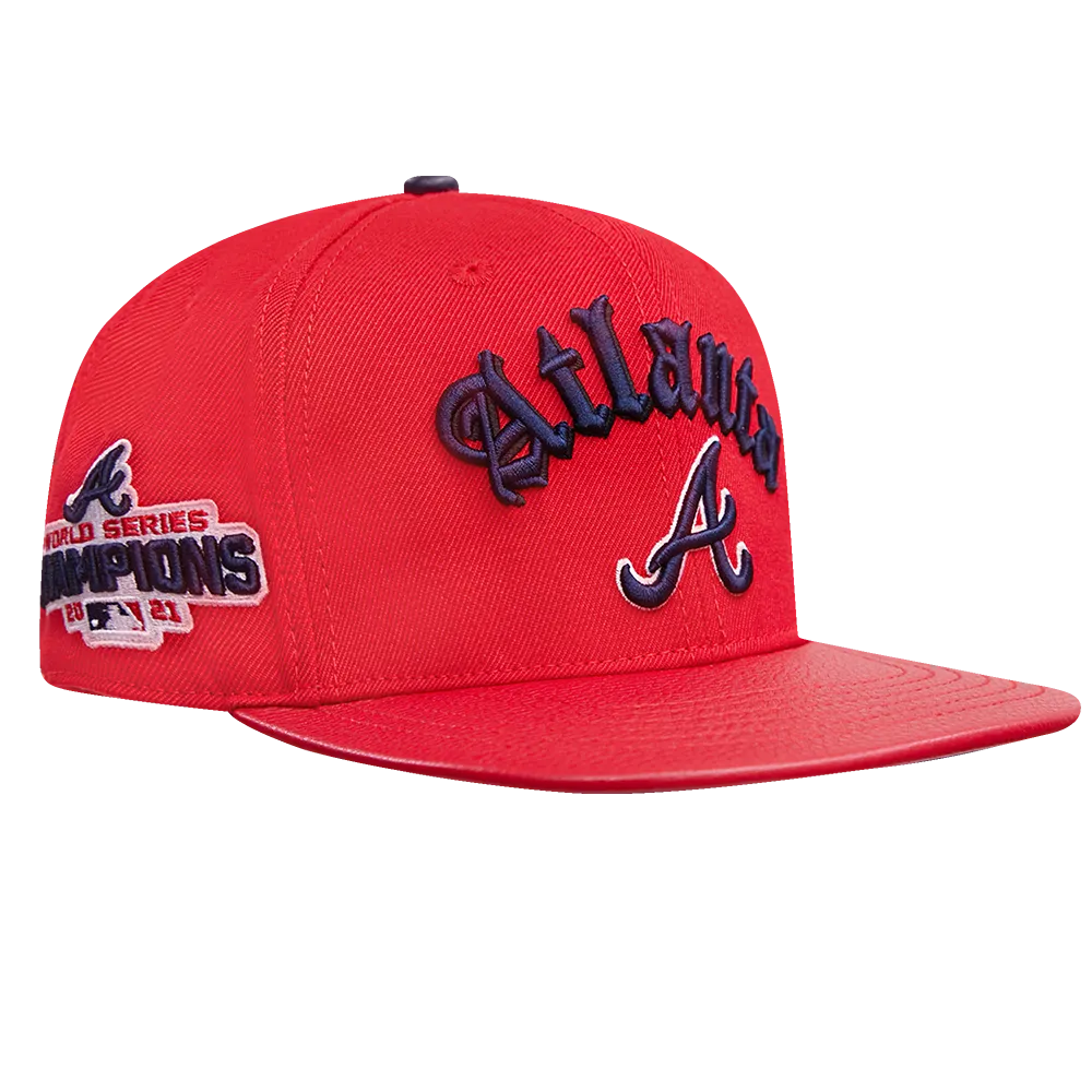 MLB ATLANTA BRAVES OLD ENGLISH UNISEX 6 PANEL LEATHER STRAPBACK (RED)