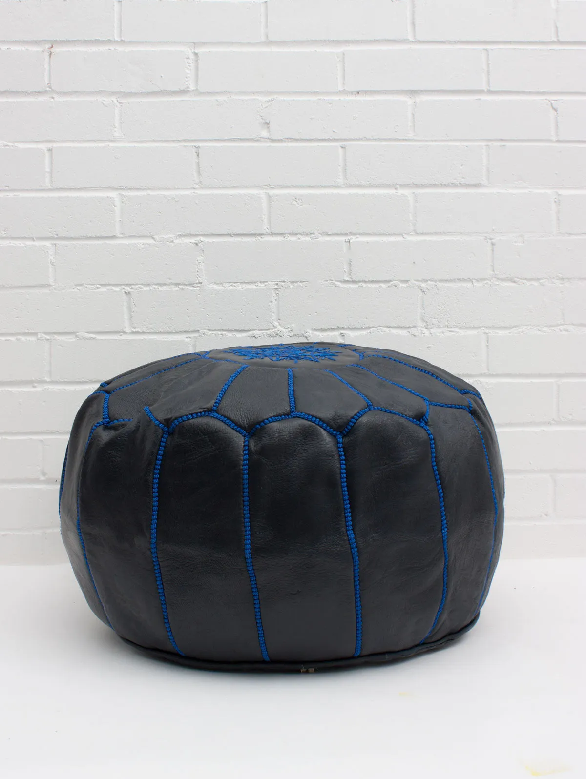 Moroccan Leather Pouffe, Deep Indigo