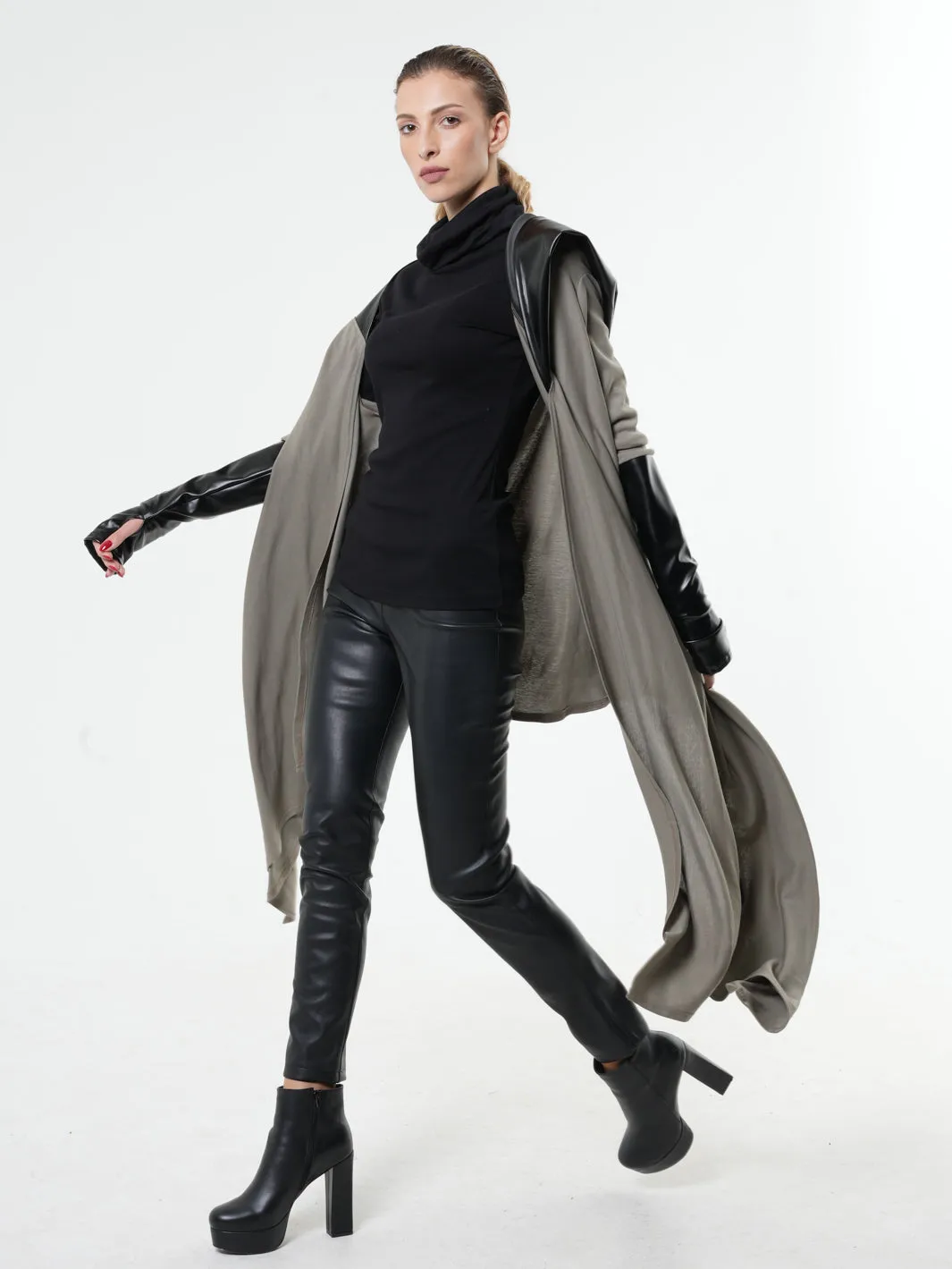 Oversized tunic with Leather Hood