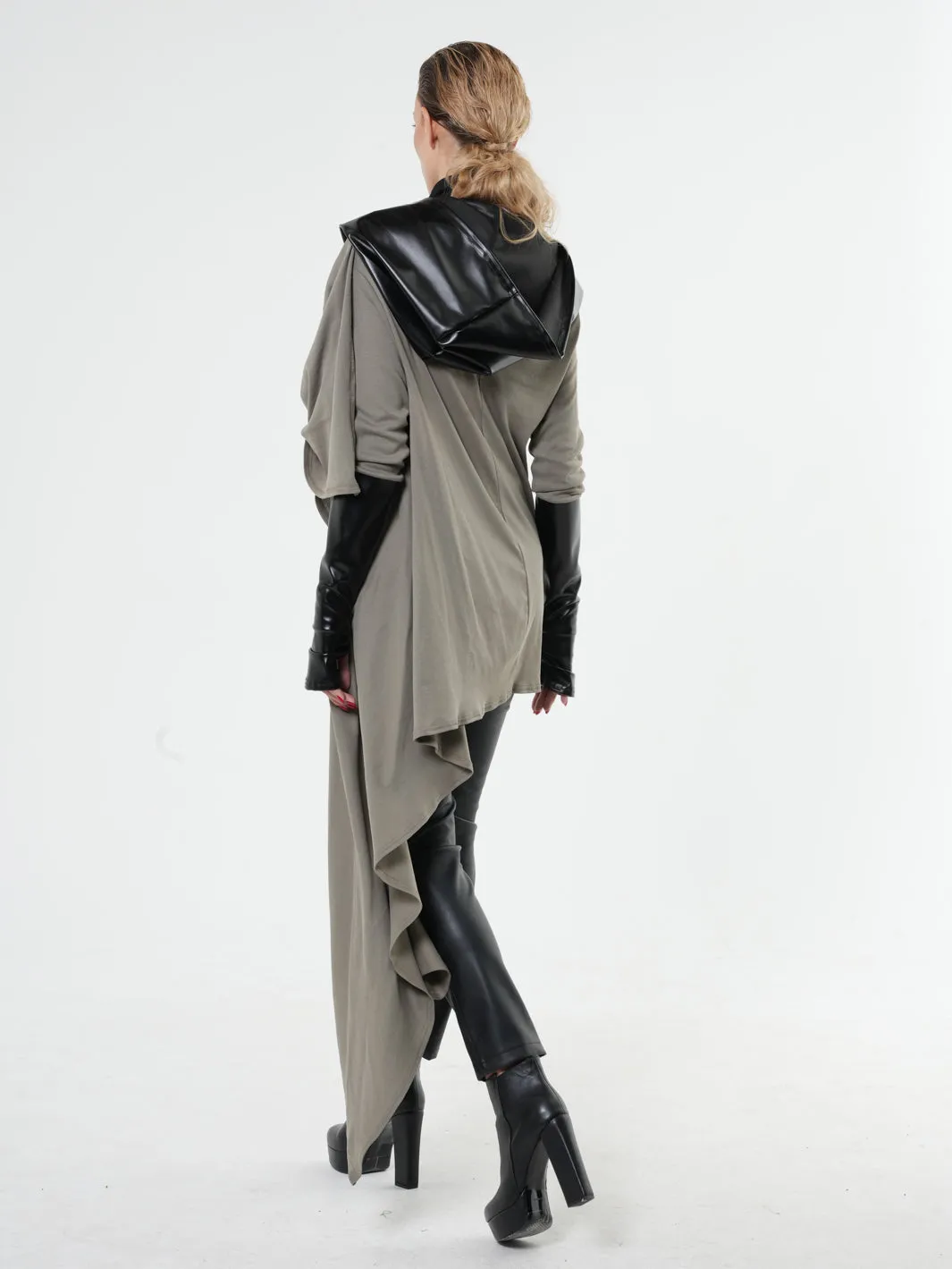 Oversized tunic with Leather Hood