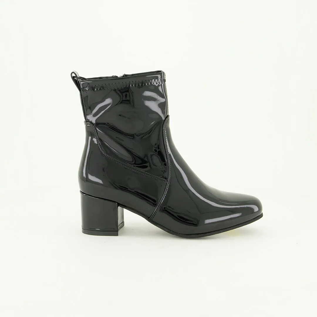 Patent Stretch Pu Block Heel Ankle Boot.