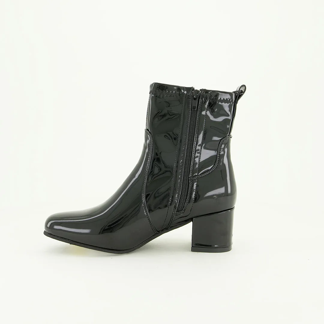 Patent Stretch Pu Block Heel Ankle Boot.